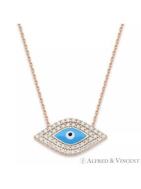 Evil Eye Bead Charm Necklace w/ CZ Crystals in .925 Sterling Silver w/18k RGold